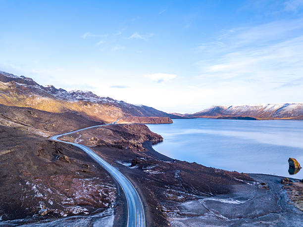 winding road around kleifarvatn lake in southern iceland.