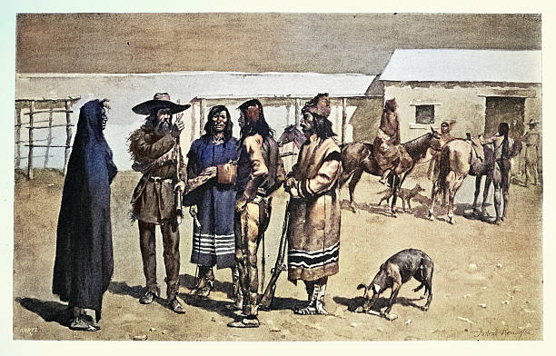 istock Frontiersman talking with Native Americans, from the Oregon Trail, History of Wild West, Vintage illustration, 19th Century 2232571893