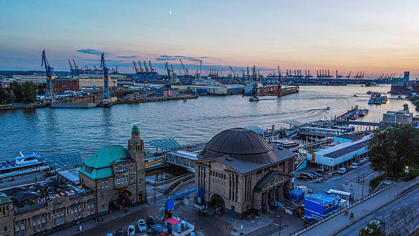 istock St. Pauli Piers  DRONE view in blue hour 2232581637