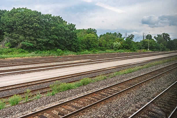 An aerial shot of several rows of empty train tracks all running parallel to each other with no rail cars