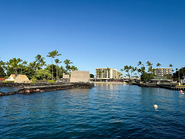 Kailua-Kona, Hawaii - January 12, 2025: Ocean front Marriott in Kona with the Kamakahonu National Historic Landmark in the foreground.