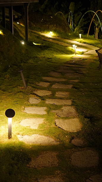 istock Stone Pathway with Garden Lights at Night in Scenic Park 2232594096