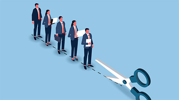 istock Layoffs, dismissals, or unemployment. isometric scissors cut along the dotted line to remove a row of merchants 2232607889