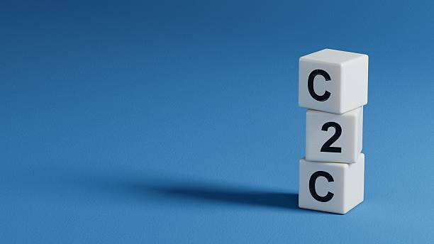 istock 3D illustration of  C2C  in English, using a bold font. It conveys consumer and consumer interaction.wooden elements.3D rendering on blue background. 2232611863