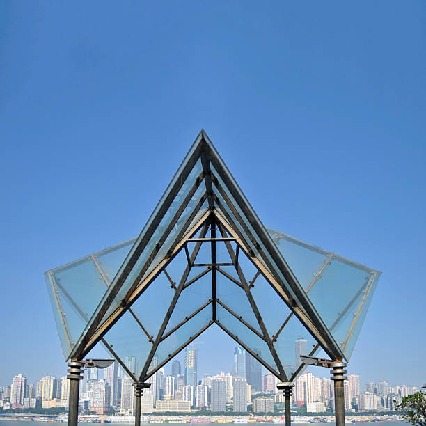 Chongqing, China: The glass pavilion on Nanbin Road and the urban landscape of Chongqing's Yuzhong Peninsula in the background.