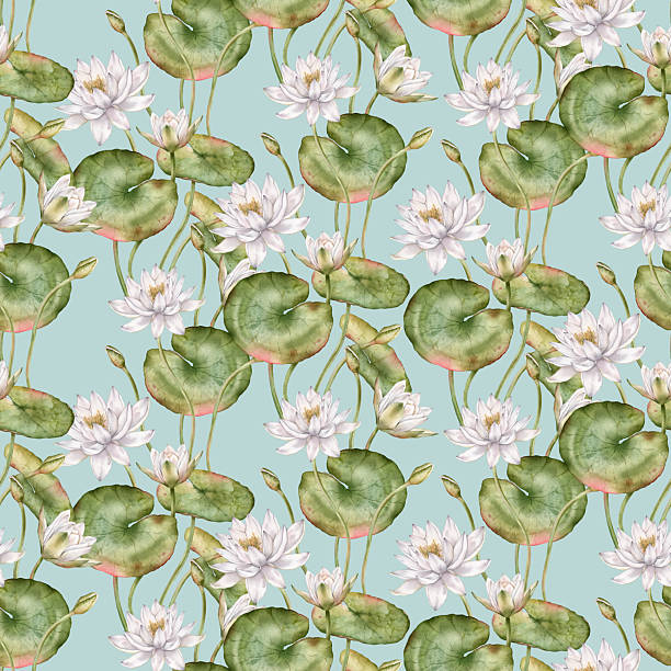 istock Seamless watercolor pattern featuring delicate white water lilies with green leaves. Hand-drawn lotus flowers on an isolated background, perfect for textiles and wrapping paper. 2232615866
