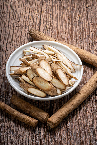 Slide Gobo Root or Burdock Root an Asian culinary herb on white plate, Burdock root for Japanese cooking on wooden background.