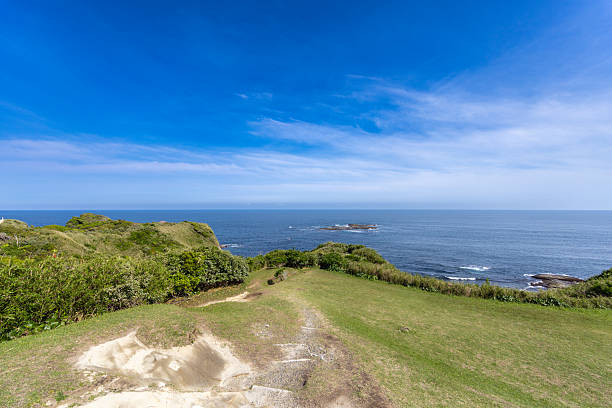 Wide view of empty island and Pacific Ocean