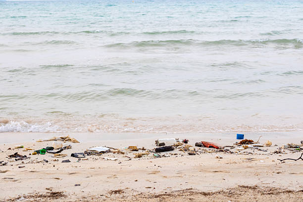trash, plastic cups and plastic bags at the beach. environmental problem concept and healing the world