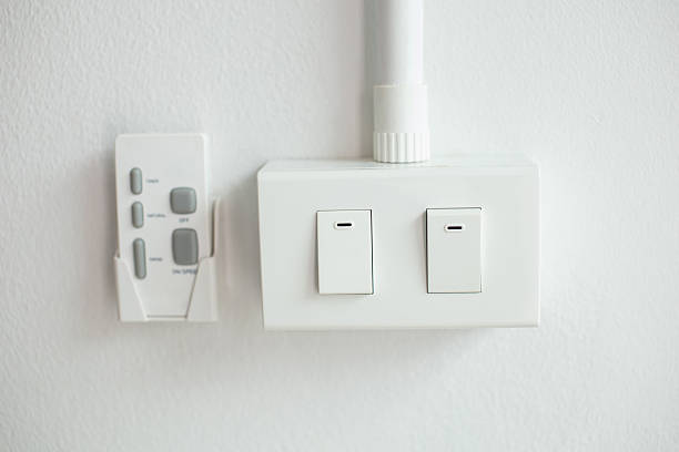 istock Twin white light switches mounted on the wall near the remote control. 2232623153