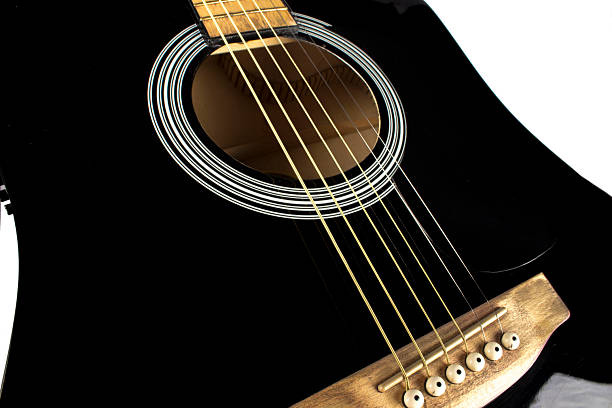 istock black acoustic guitar with a cutout. on a white background. an isolated object. close-up. View of the golden strings 2232625423