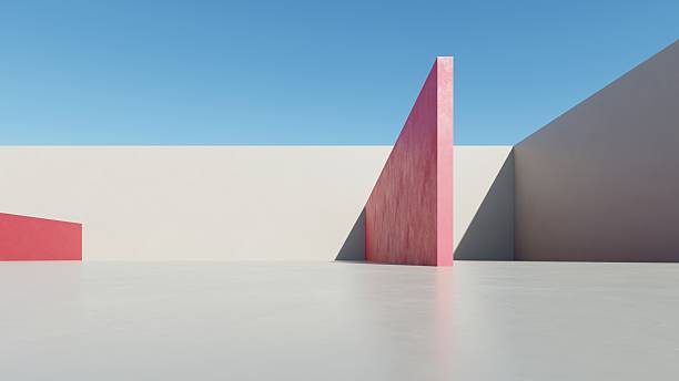 istock 3d illustration of abstract modern architecture background, Minimal geometry architectural design, Car presentation backdrop with empty concrete floor, Geometric white blocks building design 2232630567