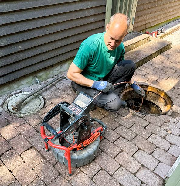 A maintenance worker uses a sewer inspection camera to check pipes in a residential building. Concept of plumbing service, pipe repair, and preventive home maintenance. The photo was taken on August 20 2025.