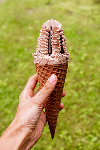 istock Hand holding a chocolate ice cream cone outdoors on a summer day, with green nature background 2232638617