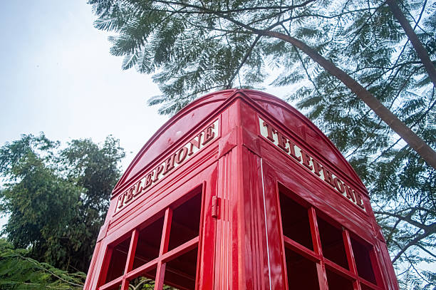 Low angle of a red telephone booth with the word telephone on top, surrounded by trees and branches, creating a blend of urban and natural elements on a cloudy day.