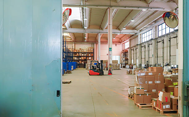 logistic warehouse. packing line in a logistics warehouse. conveyor belt in a modern production line