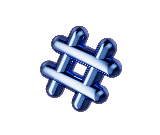 3D Metallic hashtag icon with a blue chrome finish, symbolizing social trends. 3D Illustration.