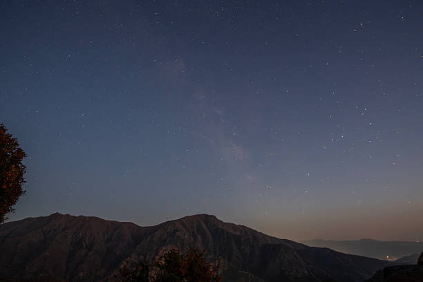 Beautiful bright Milky Way galaxy  over the hill.  Night sky astronomical background.
