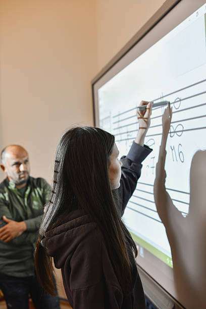 istock Teenage Girl Solving Music Problem On Whiteboard While Male Professor is Observing 2232672942