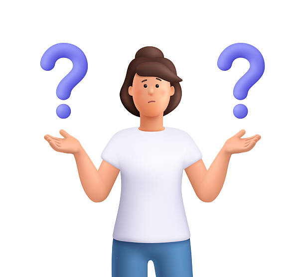 istock Confused woman Jane standing with shrugging with her arms to the sides and question marks. Choice, problem solving, decision making concept. 3d vector people character. Cartoon minimal style. 2232674297