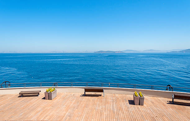 istock Scenic waterfront view with benches and planters overlooking calm blue waters under clear sky 2232674571