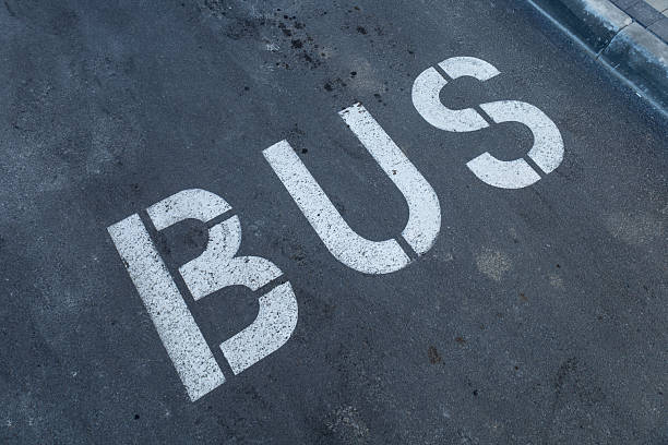 istock Bold white lettering clearly marks the bus stop area on the pavement in an urban setting under bright daylight 2232680010