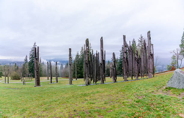 Canada ,Yukon ,Teslin Village  First Nations totem pole display. Tlingit tribe.