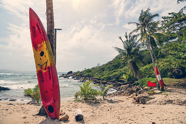 Idyllic coastal landscape of Ko Kut Island featuring a vibrant kayak, tropical palm trees, and a serene seaside atmosphere perfect for outdoor adventures or leisure holidays.