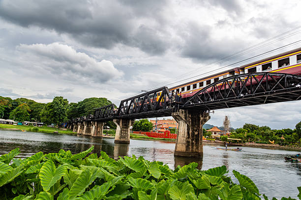 Scenic view of a train traversing the historic Bridge on the River Kwai, surrounded by lush greenery and vibrant riverside activity. The image captures an iconic cultural and historical landmark in Kanchanaburi, Thailand.