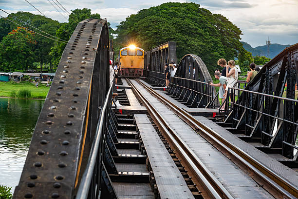 Scenic view of a train traversing the historic Bridge on the River Kwai, surrounded by lush greenery and vibrant riverside activity. The image captures an iconic cultural and historical landmark in Kanchanaburi, Thailand.