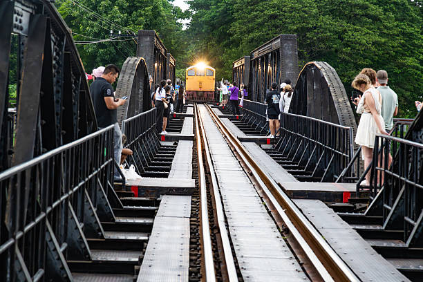 Scenic view of a train traversing the historic Bridge on the River Kwai, surrounded by lush greenery and vibrant riverside activity. The image captures an iconic cultural and historical landmark in Kanchanaburi, Thailand.