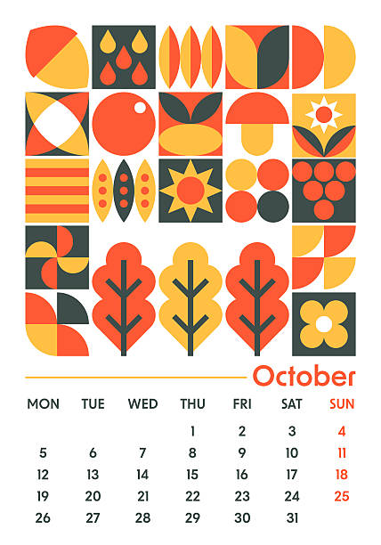 October 2026 Calendar Vertical Wall - Abstract Geometric Bauhaus Shape Style Color Calendar for 2026 Year - European Grid - Week Starts on Monday - Vector Color Art Design
