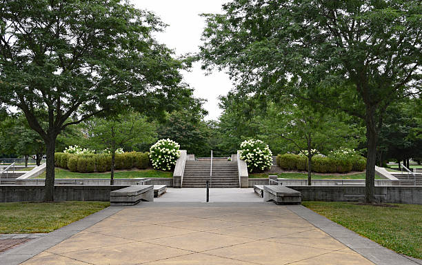 istock Skate Plaza Entrance with Blooming Hydrangea Bushes 2232695529