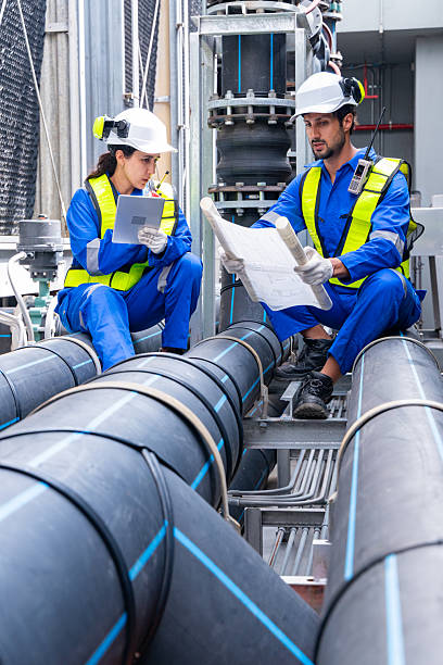 istock Engineers discussing blueprint near industrial pipes 2232697282