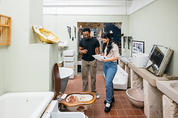 Young couple buying bathroom fixtures together