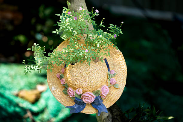 On the big tree outdoors, there is a pot of roses planted in a hat-shaped pot.