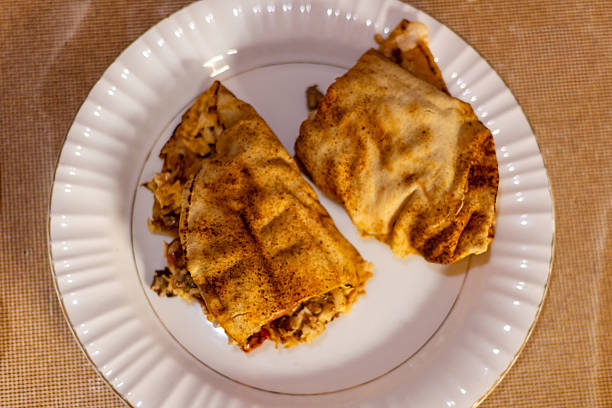 close up shot of grilled wraps neatly placed on a white plate. homemade fast food concept showing tasty wraps for casual dining, lifestyle meals, and quick family snacks that are ready to eat.
