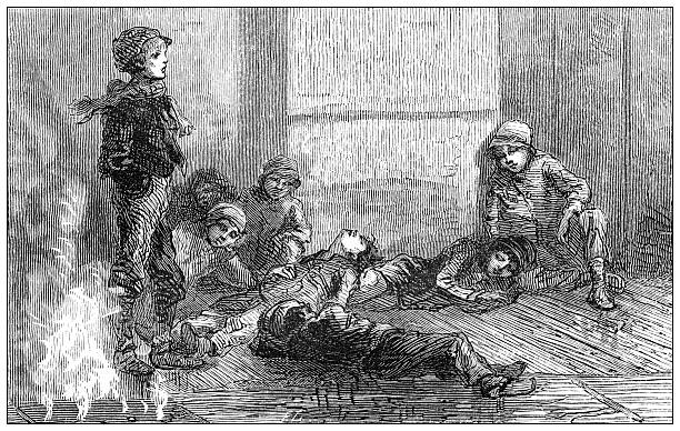 Antique magazine image: Journalism and newspapers, delivery boys waiting for the paper