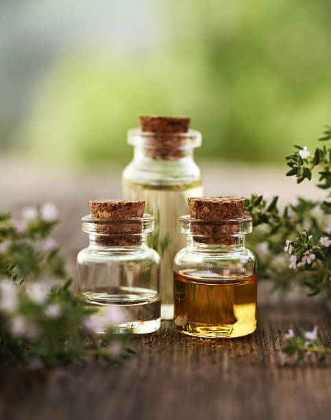 istock Three bottles of aromatherapy essential oil with blooming thyme twigs 2232719810