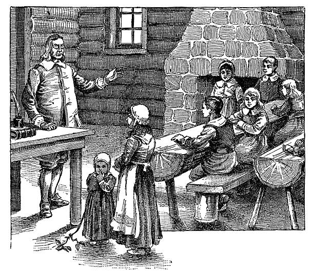 An early period school classroom full of students from the families of pilgrims in New England, USA (circa 17th century). Vintage etching circa 19th century.