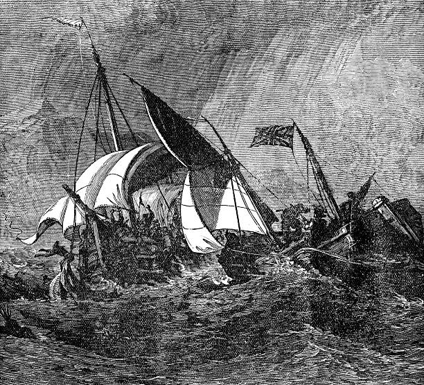 Major Robert Stobo Capturing a second French ship on the St Lawrence river during his escape to Fort Louisbourg from Quebec (circa 1759). Vintage etching circa 19th century.