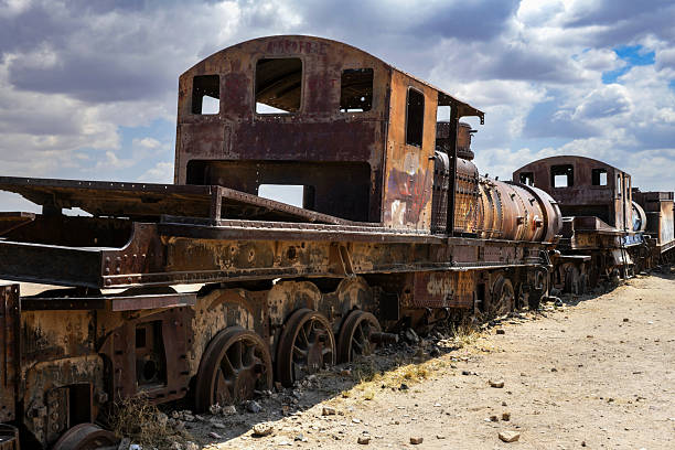 Uyuni, Bolivia, October 18, 2023: View of the train cemetery in the Bolivian town of Uyuni on a sunny day.