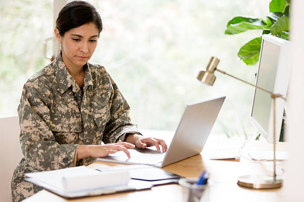 istock Female Soldier Uses Laptop, Working from Home Office 2232737875