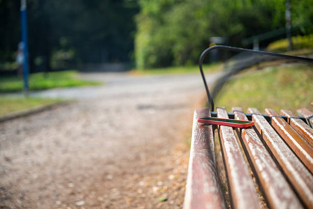 A red smartphone lies abandoned on a wooden park bench, symbolizing forgetfulness, distraction, or lost property in an outdoor public space.