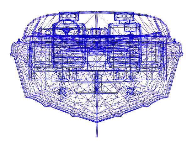 3D speed boat model with two seated on white background. Hydrodynamic research of a speed boat.