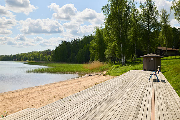 A serene lakeside scene with a wooden deck, sandy beach, green trees, and a bright blue sky with clouds