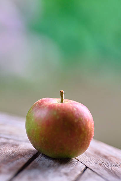 istock Three red and green apples arranged on a rustic wooden table outdoors 2232773769