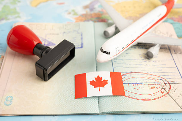 istock Canada flag and passport with airplane for travel. 2232784154