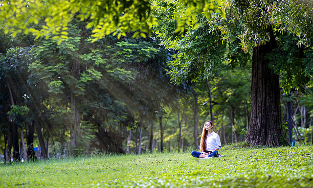 istock Woman relaxingly practicing meditation in the forest to attain happiness from inner peace wisdom with beam of sun light for healthy mindfulness and soul 2232794569