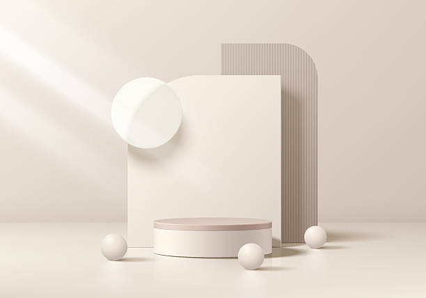 istock Beige 3D cylindrical podium background with layers of geometric backdrop, Sphere ball. Minimalist mockup pedestal. Abstract stands product display presentation, Stage showcase. Platforms vector design 2232795049